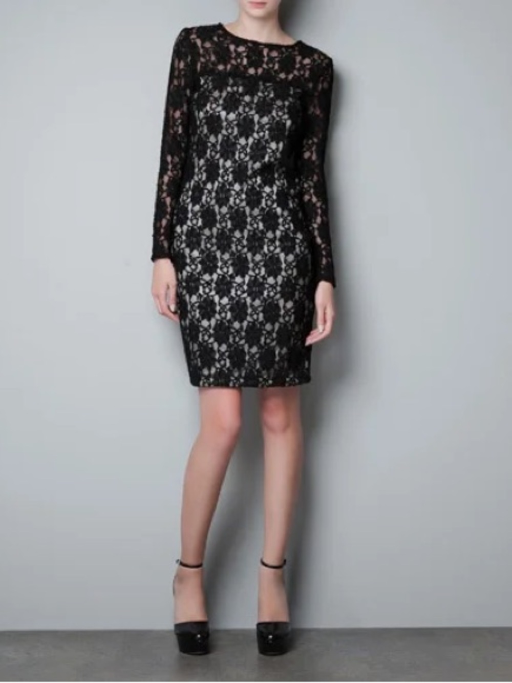 ZARA Black Lace Sheath Dress – Elegant Long Sleeve Cocktail/Evening